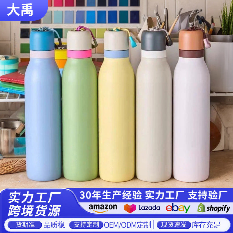 Stainless steel thermos mug Macaron color matching large capacity sports water bottle ins fashion outdoor portable with portable cup Merch Eternally