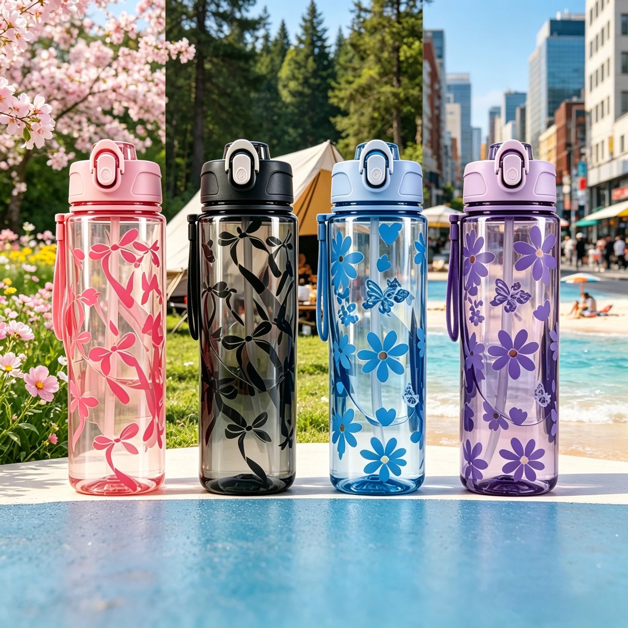Water Bottle with Full Print of Flowers and Bowknot Patterns, Trendy & Stylish, Lightweight with Portable Lanyard, Durable Merch Eternally