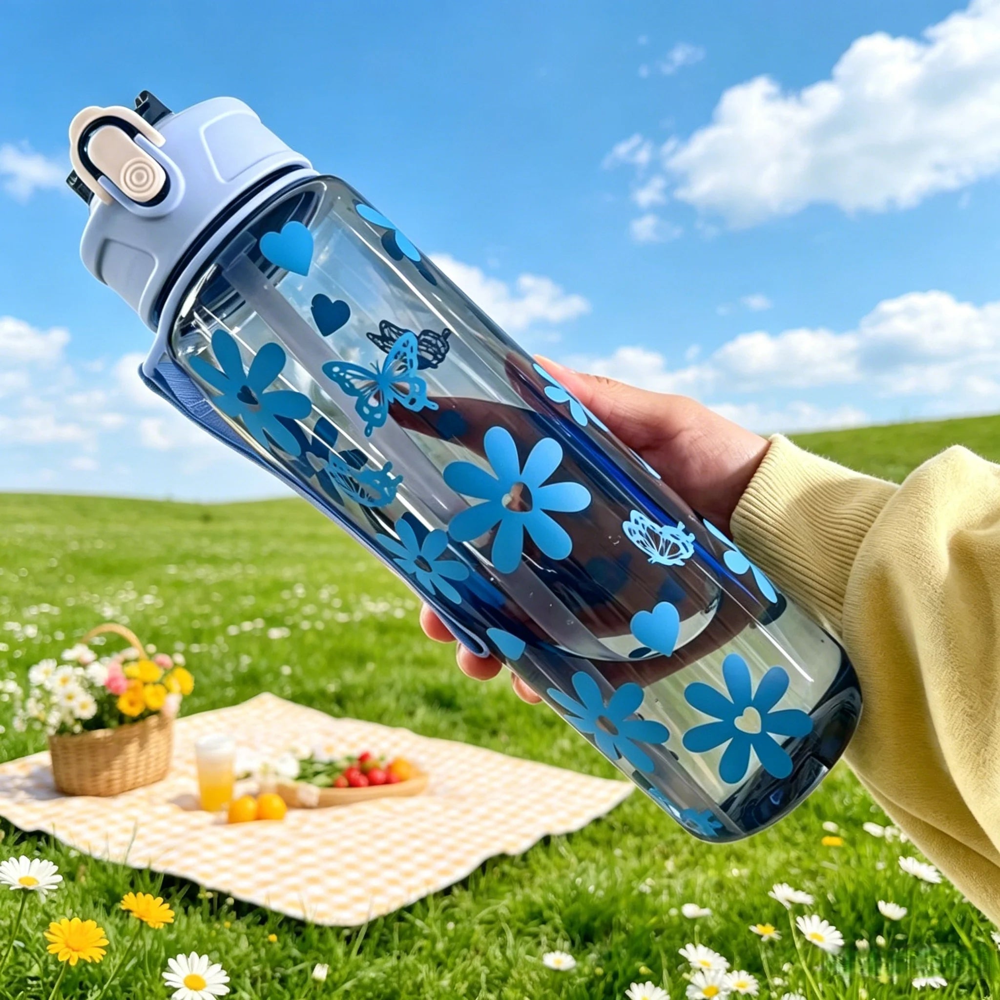 Water Bottle with Full Print of Flowers and Bowknot Patterns, Trendy & Stylish, Lightweight with Portable Lanyard, Durable Merch Eternally