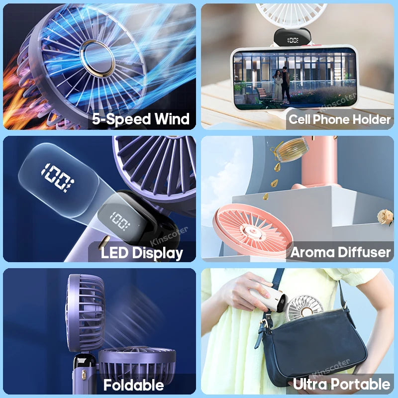 5 Speed USB Mini Handheld Fan Foldable Rechargeable Display Screen Phone Stand