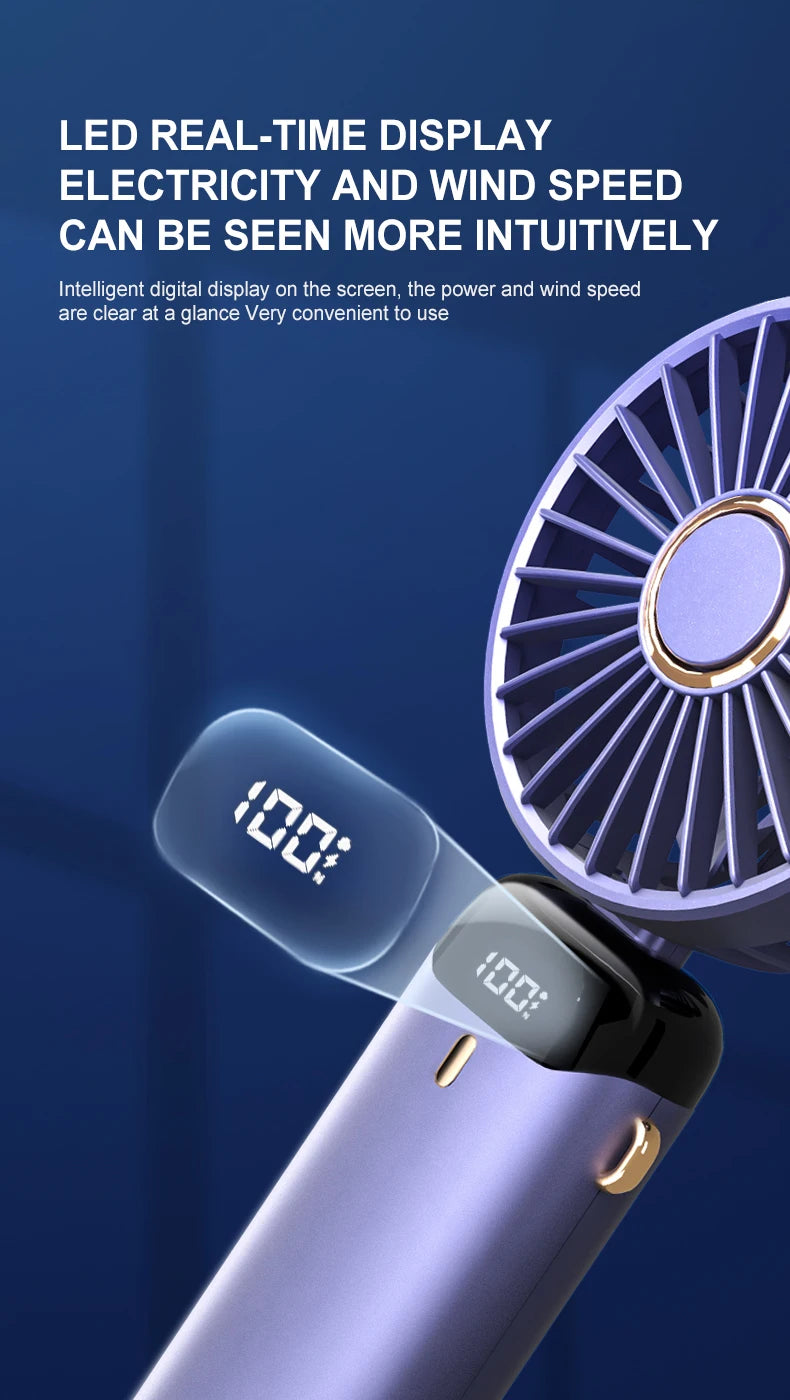 5 Speed USB Mini Handheld Fan Foldable Rechargeable Display Screen Phone Stand