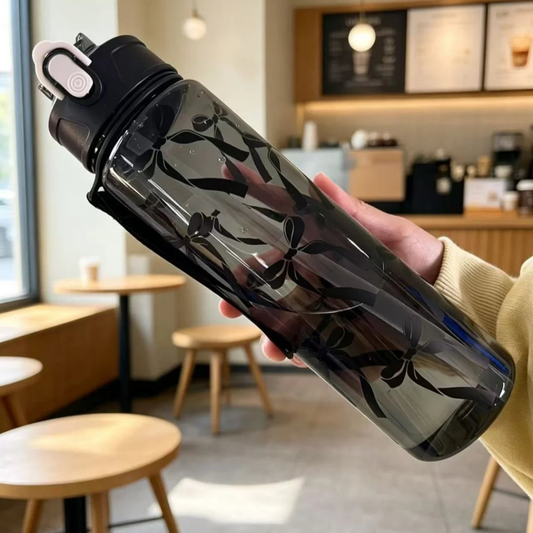 Water Bottle with Full Print of Flowers and Bowknot Patterns, Trendy & Stylish, Lightweight with Portable Lanyard, Durable Merch Eternally