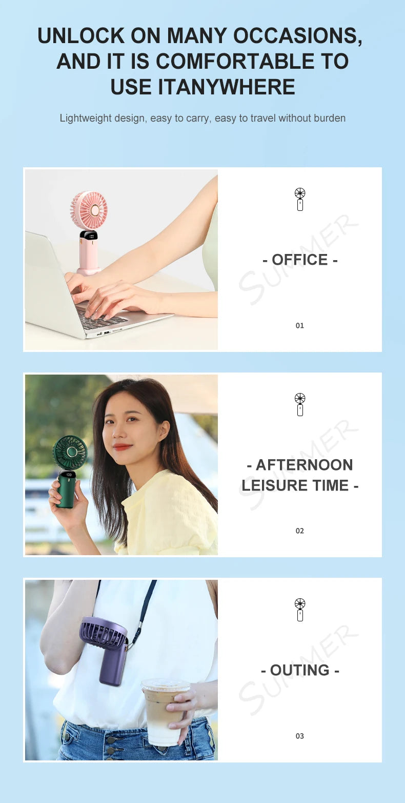 5 Speed USB Mini Handheld Fan Foldable Rechargeable Display Screen Phone Stand