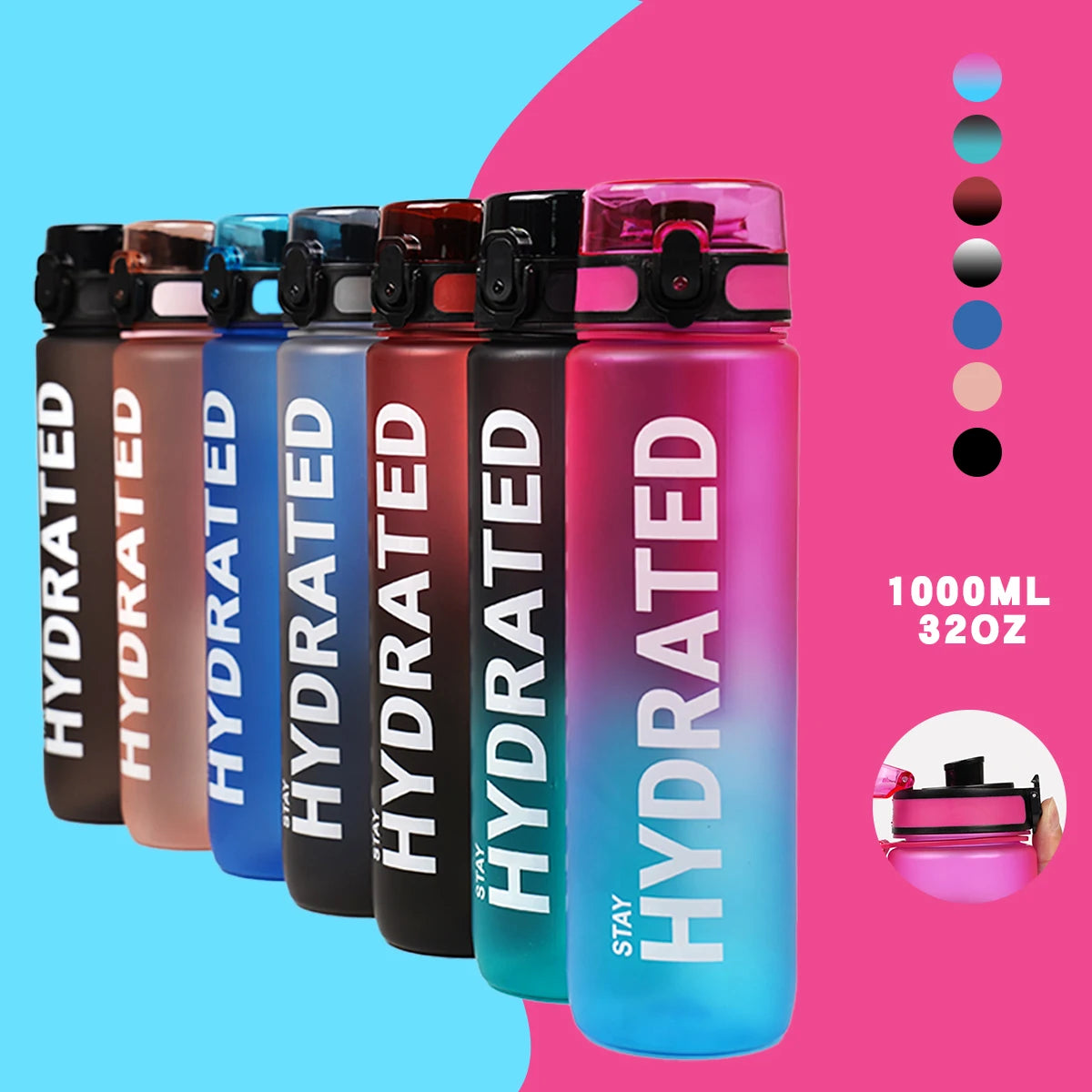1pc 1000ml Large Capacity Transparent Plastic Water Bottle with Cap and Handle, Multiple Colors Available, Suitable for Outdoor Merch Eternally