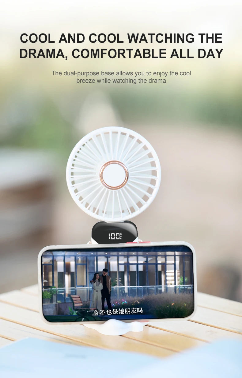 5 Speed USB Mini Handheld Fan Foldable Rechargeable Display Screen Phone Stand