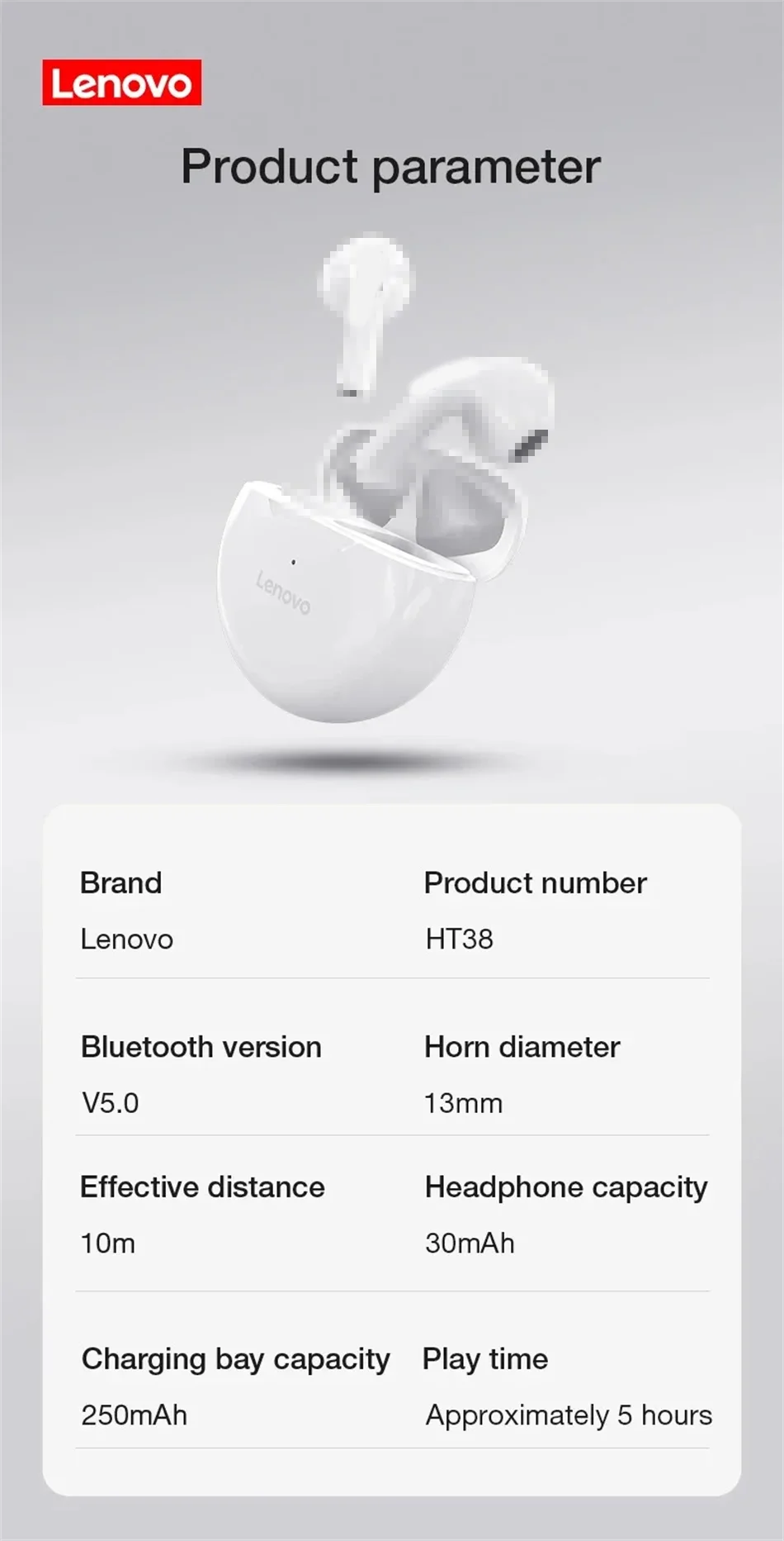 Lenovo HT38 TWS Sport Earphones, Mini Wireless Bluetooth Headset, HiFi Stereo Bass Fast Charging Case Sweatproof Running Earbuds Merch Eternally