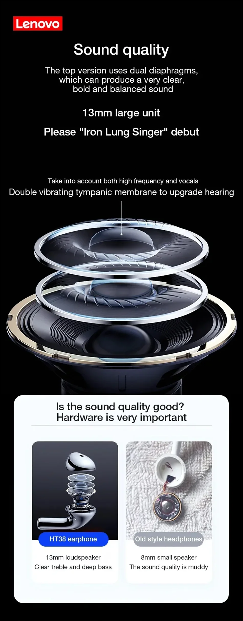 Lenovo HT38 TWS Sport Earphones, Mini Wireless Bluetooth Headset, HiFi Stereo Bass Fast Charging Case Sweatproof Running Earbuds Merch Eternally
