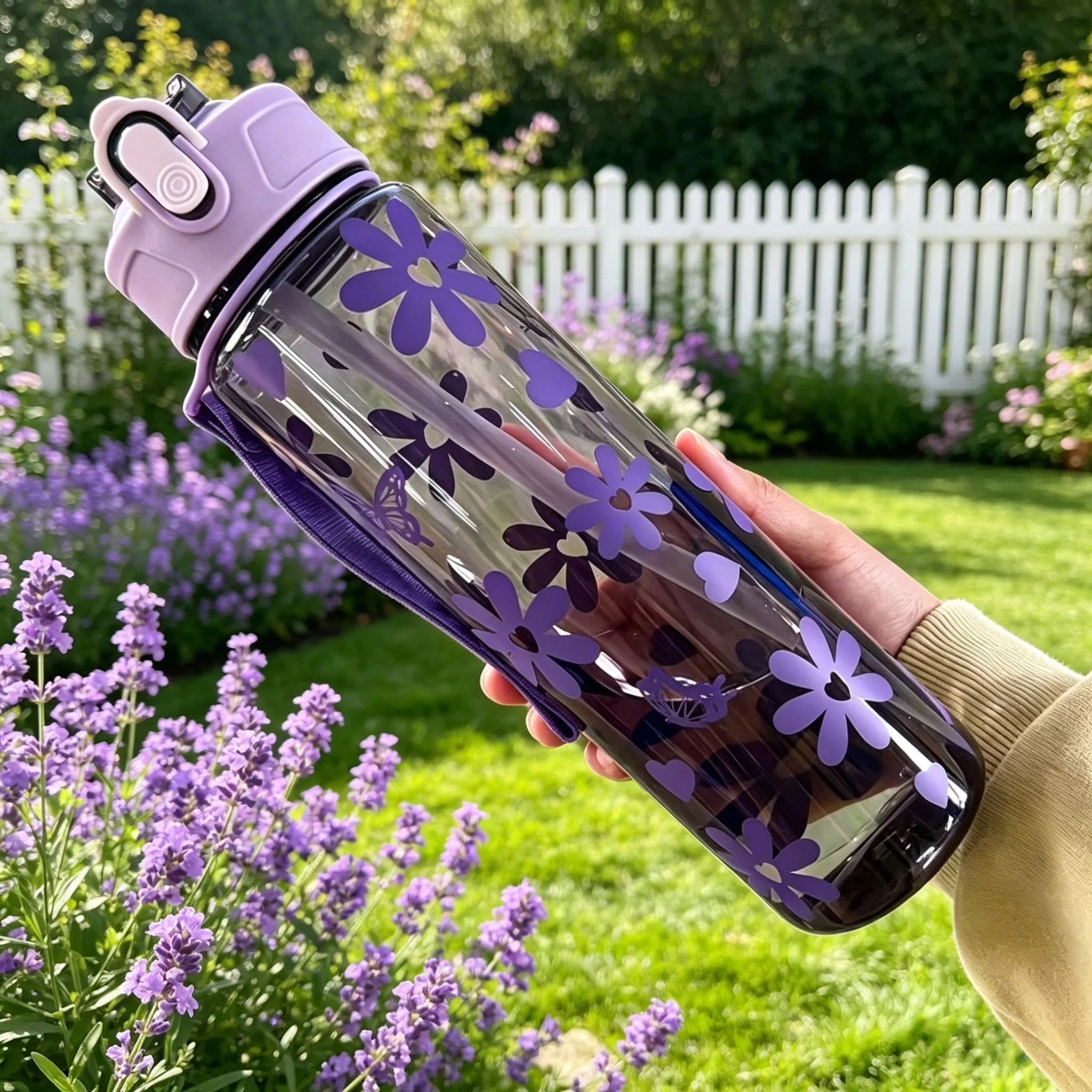 Water Bottle with Full Print of Flowers and Bowknot Patterns, Trendy & Stylish, Lightweight with Portable Lanyard, Durable Merch Eternally