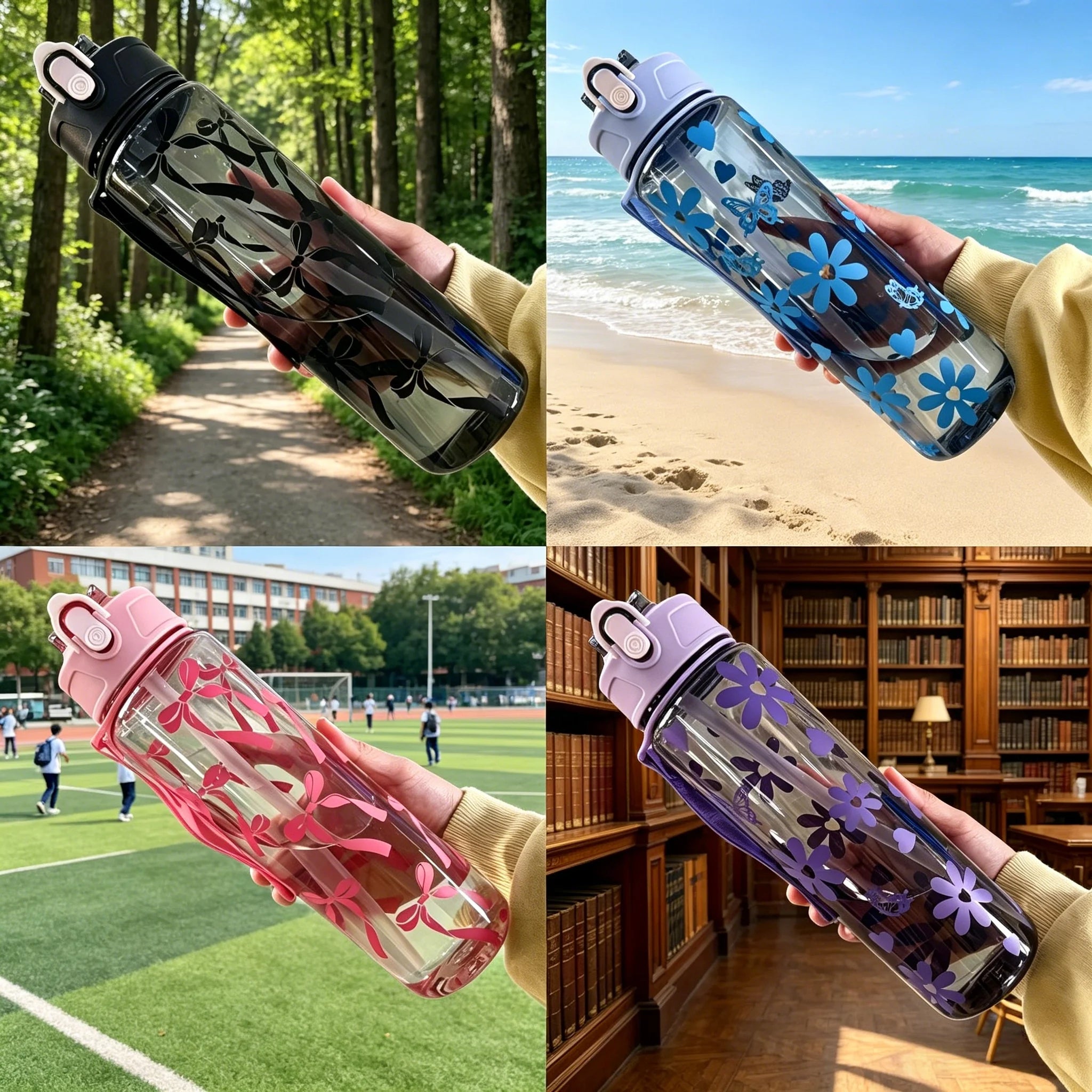 Water Bottle with Full Print of Flowers and Bowknot Patterns, Trendy & Stylish, Lightweight with Portable Lanyard, Durable Merch Eternally
