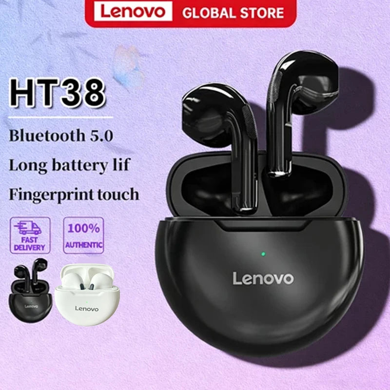 Lenovo HT38 TWS Sport Earphones, Mini Wireless Bluetooth Headset, HiFi Stereo Bass Fast Charging Case Sweatproof Running Earbuds Merch Eternally