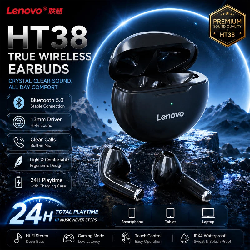 Lenovo HT38 TWS Sport Earphones, Mini Wireless Bluetooth Headset, HiFi Stereo Bass Fast Charging Case Sweatproof Running Earbuds Merch Eternally