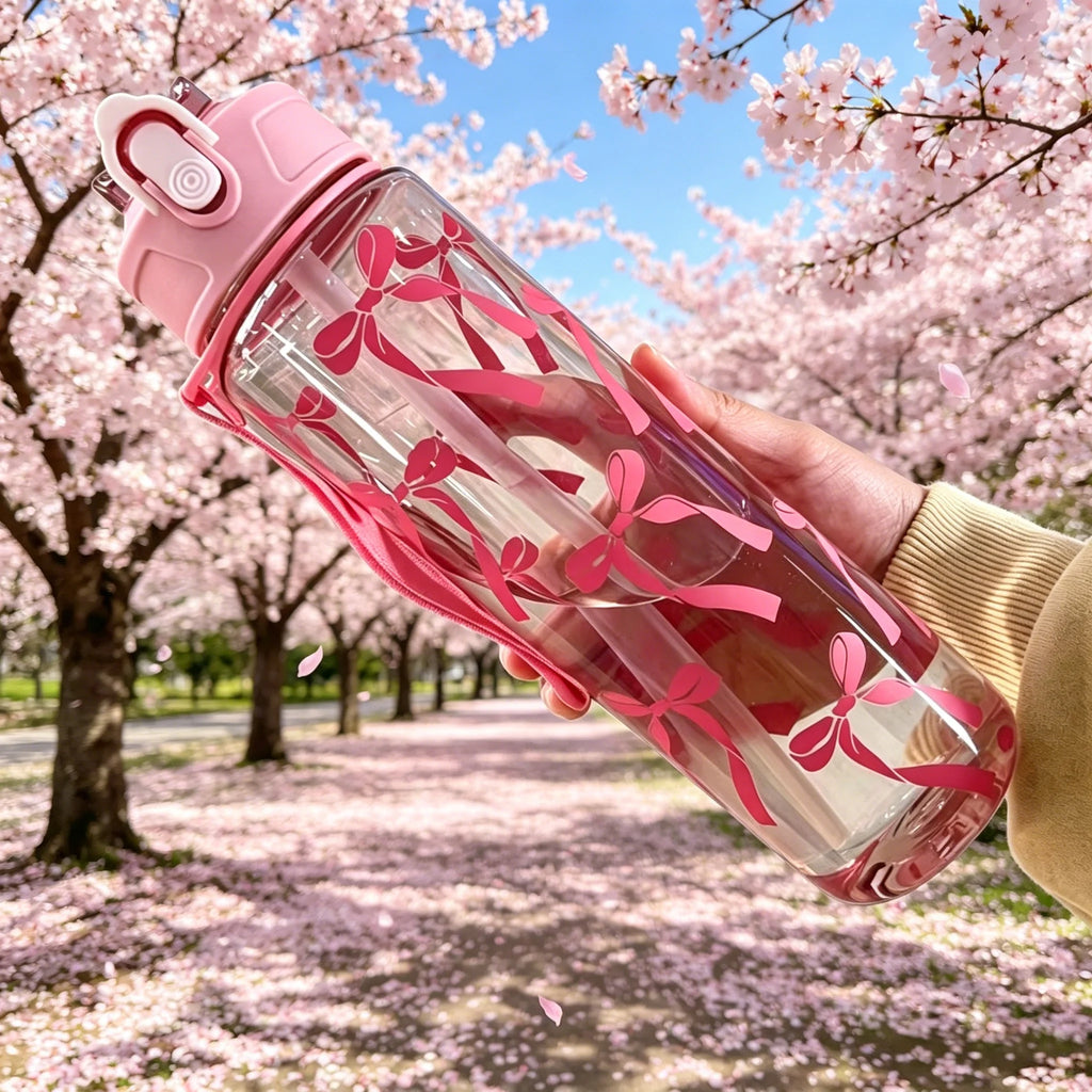 Water Bottle with Full Print of Flowers and Bowknot Patterns, Trendy & Stylish, Lightweight with Portable Lanyard, Durable Merch Eternally