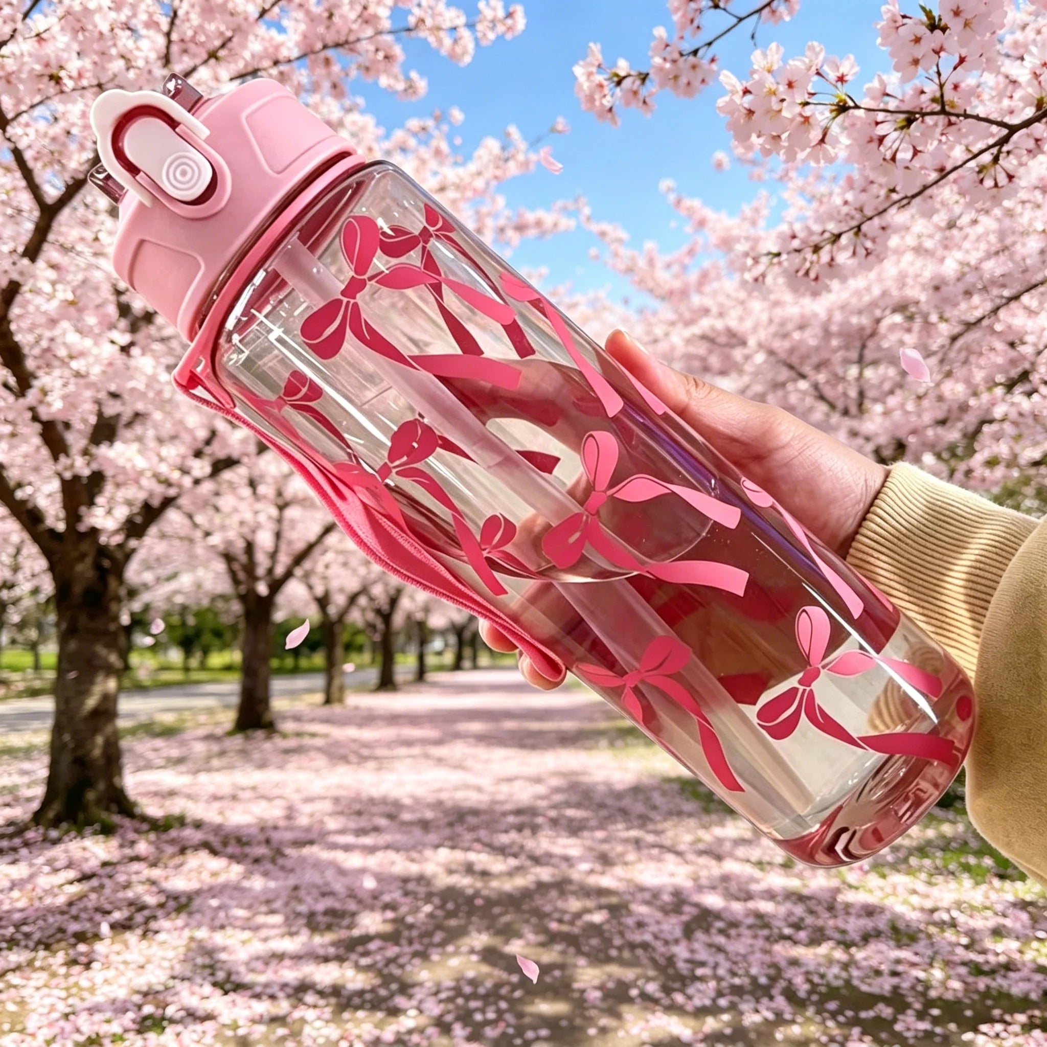 Water Bottle with Full Print of Flowers and Bowknot Patterns, Trendy & Stylish, Lightweight with Portable Lanyard, Durable Merch Eternally