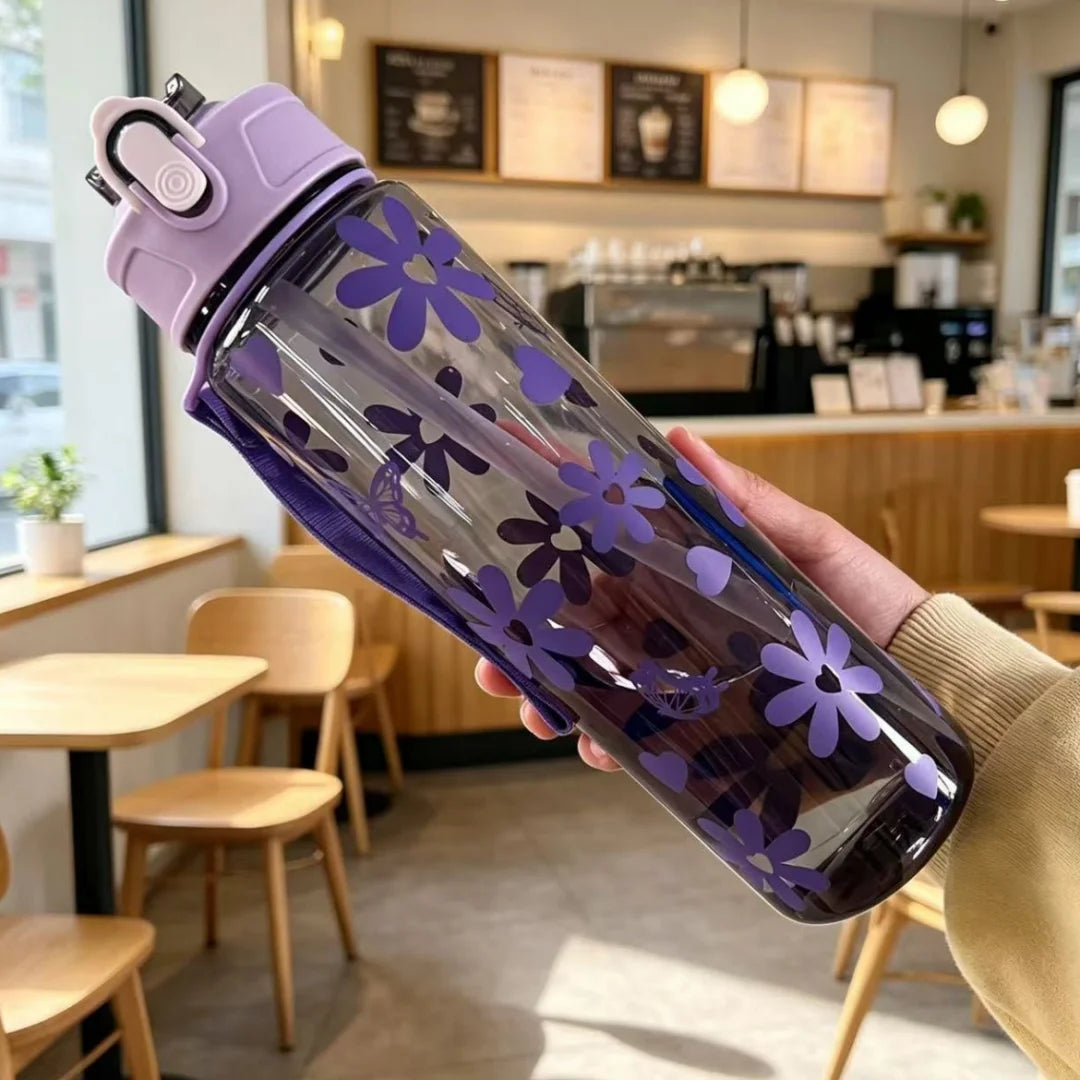 Water Bottle with Full Print of Flowers and Bowknot Patterns, Trendy & Stylish, Lightweight with Portable Lanyard, Durable Merch Eternally